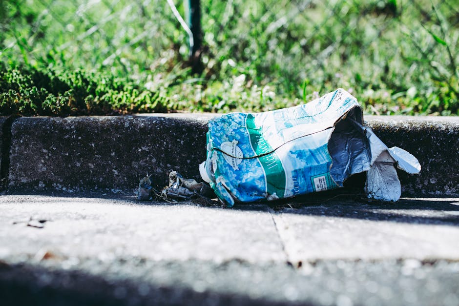 A crumpled plastic bag with a blue and white design lies discarded on a concrete pavement, partially resting against the curb. The bag appears to be a single-use piece of packaging, showing signs of wear and tearing at the edges. Surrounding the bag is a mixture of small debris and dirt, with the pavement surface exhibiting minor cracks and surface texture typical of outdoor urban walkways. Behind the curb, there is a patch of green grass with dense, healthy blades, illuminated by natural daylight that casts light and shadows across the scene. The grassy area provides a contrasting backdrop to the litter, emphasizing the presence of waste in an outdoor environment. The scene suggests a typical case of improper disposal of household or commercial rubbish, highlighting the importance of professional rubbish removal services like those offered by House Clearance Lewisham to manage and maintain clean, rubbish-free spaces in residential or public areas.